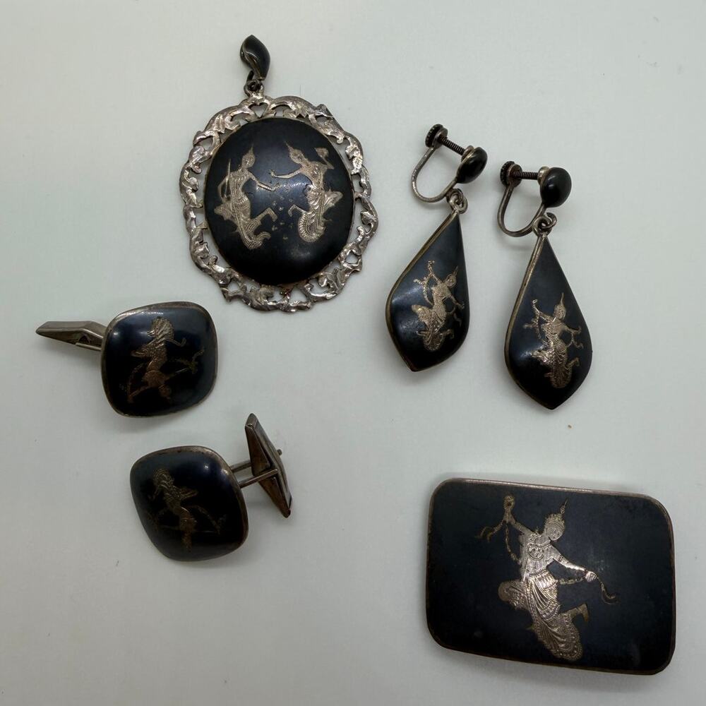 Vintage Set SIAM NIELLO 925 Sterling Silver Necklace Pin Earring goddess cufflin